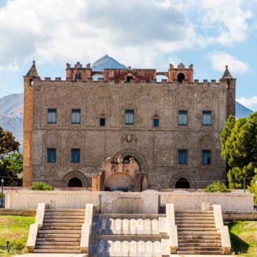 Panoramic view of palace and garden